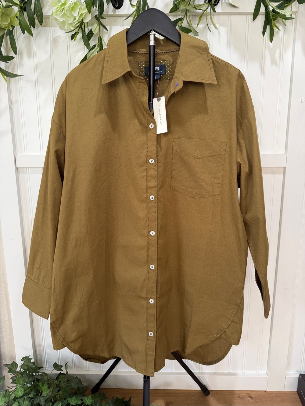 NWT! #950 Anthropologie MAEVE Olive-Green Oversized Button Down Cotton Tunic